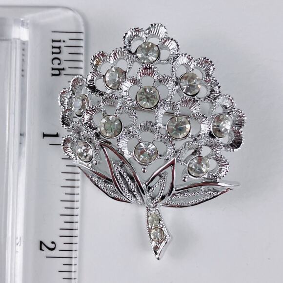 VTG Signed Sarah Coventry Mid Century Rhinestone Flower Brooch Silver Tone - Picture 6 of 9
